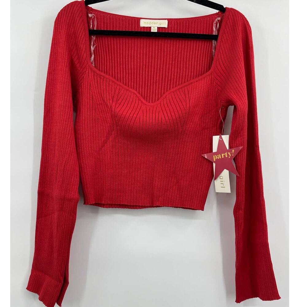Madden Girl Juniors Square Neck Ribbed Knit Red Sweater XL NEW Long Sleeve